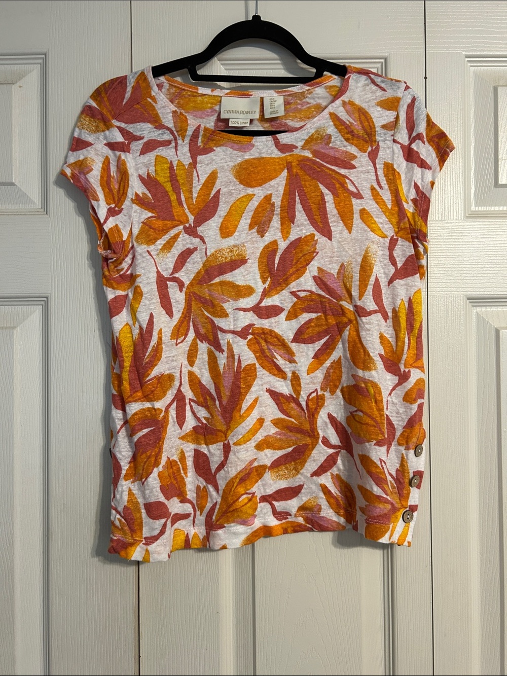 Cynthia Rowley Small Linen White Orange Rust Leaf Shirt Natural Sustainable